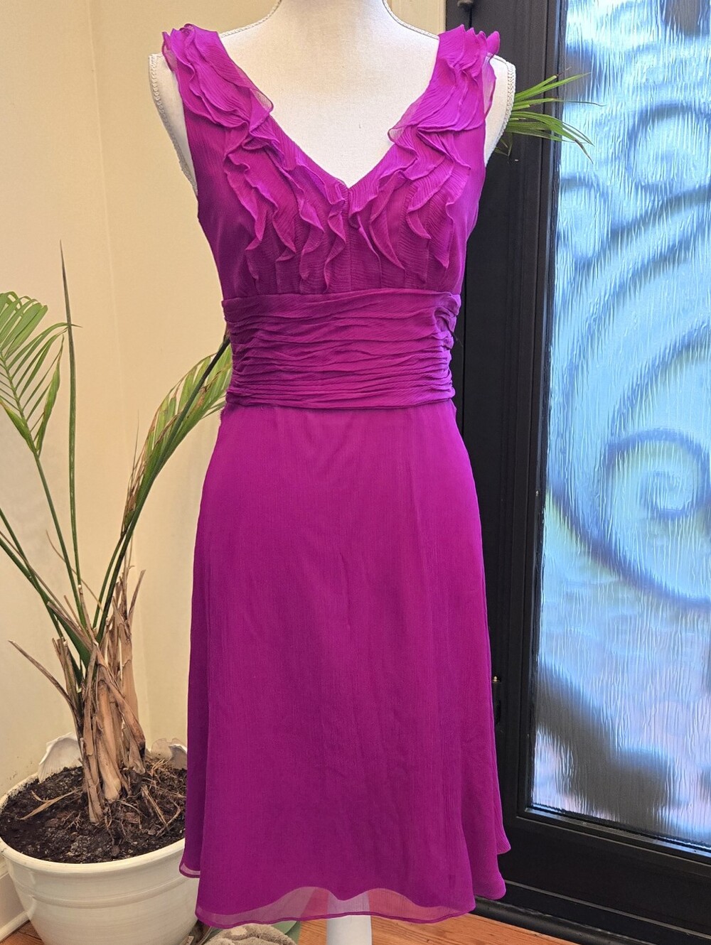 Tahari 100% Silk Sleeveless Ruffle V-Neck Dress